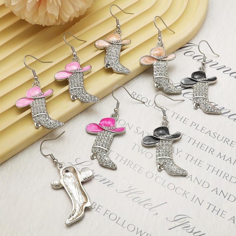 RechicGu Rhinestone Western Boots Earrings Cowgirl Cowboy Enamel Hat Bohemian Rodeo Boot Drop Dangle Earrings for Women - Image 4